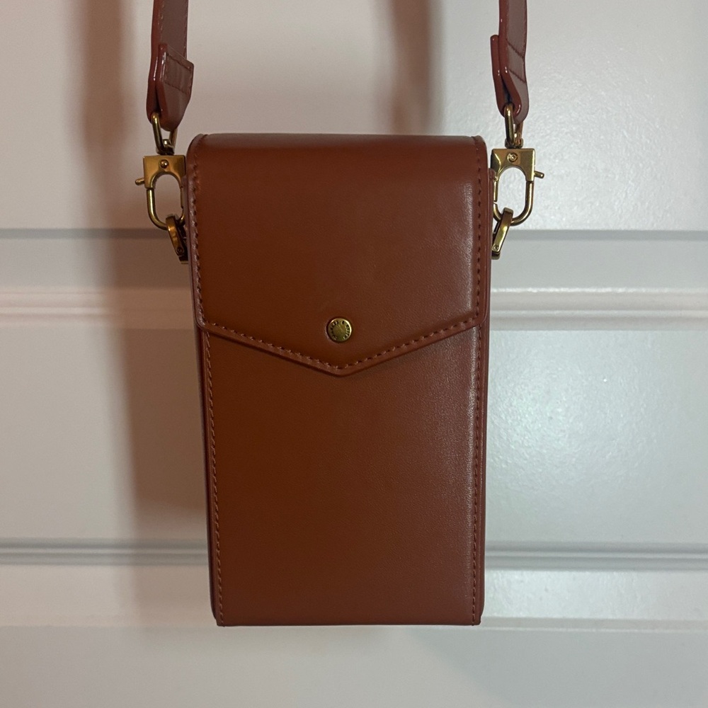 Charles & Keith Tan Brown Leather elongated Crossbody Bag magnetic closure
